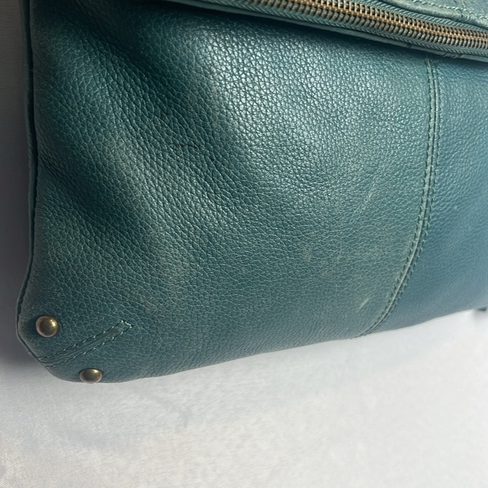 Lucky Brand Teal Leather Foldover Crossbody Hobo Bag Boho Fringe Distressed - Picture 9 of 15